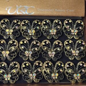 UBC‎ Butterfly Ring Box of 12 Vintage Style Gold Tone Rhinestone Adjustable Band
